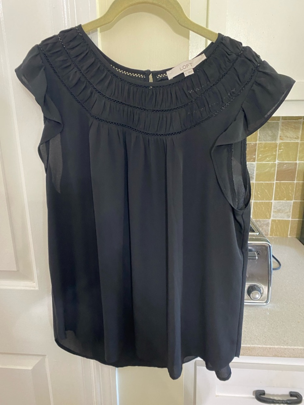 LOFT Black Ruffle Yoke Cap-Sleeve Blouse